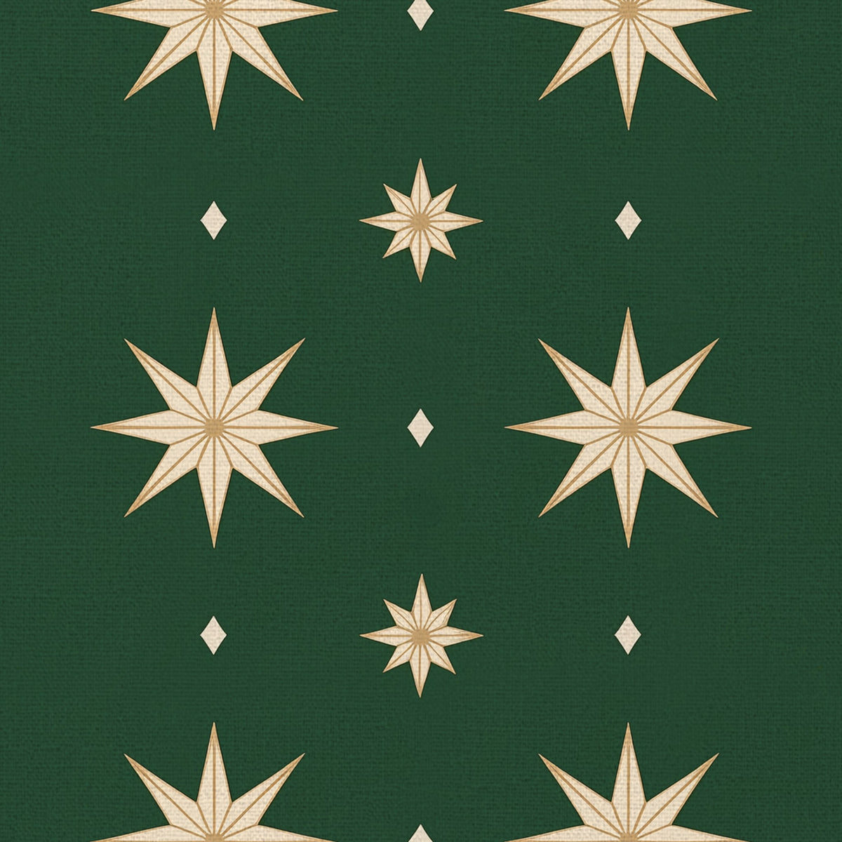 Close-up of the Stars Christmas table runner print in green and gold on cotton, showing large gold eight-pointed stars