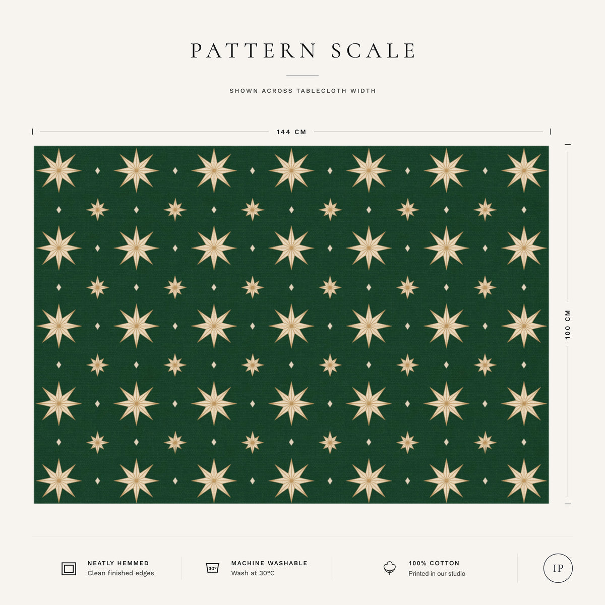 Pattern scale of the Stars Christmas tablecloth in green and gold across its 144 cm width, with care notes