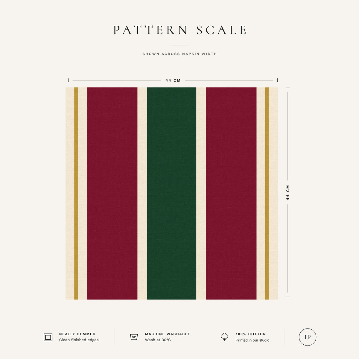 Green, burgundy and gold Signature Stripe Christmas napkin pattern scale, showing the full 44 cm by 44 cm design.