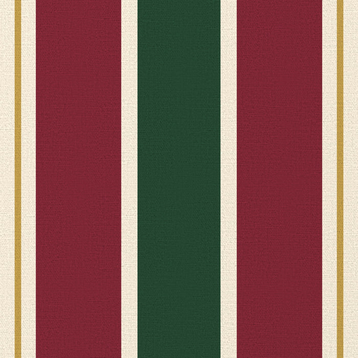 Close-up of the Signature Stripe Christmas napkin print in green, burgundy and gold on cotton, showing broad stripes