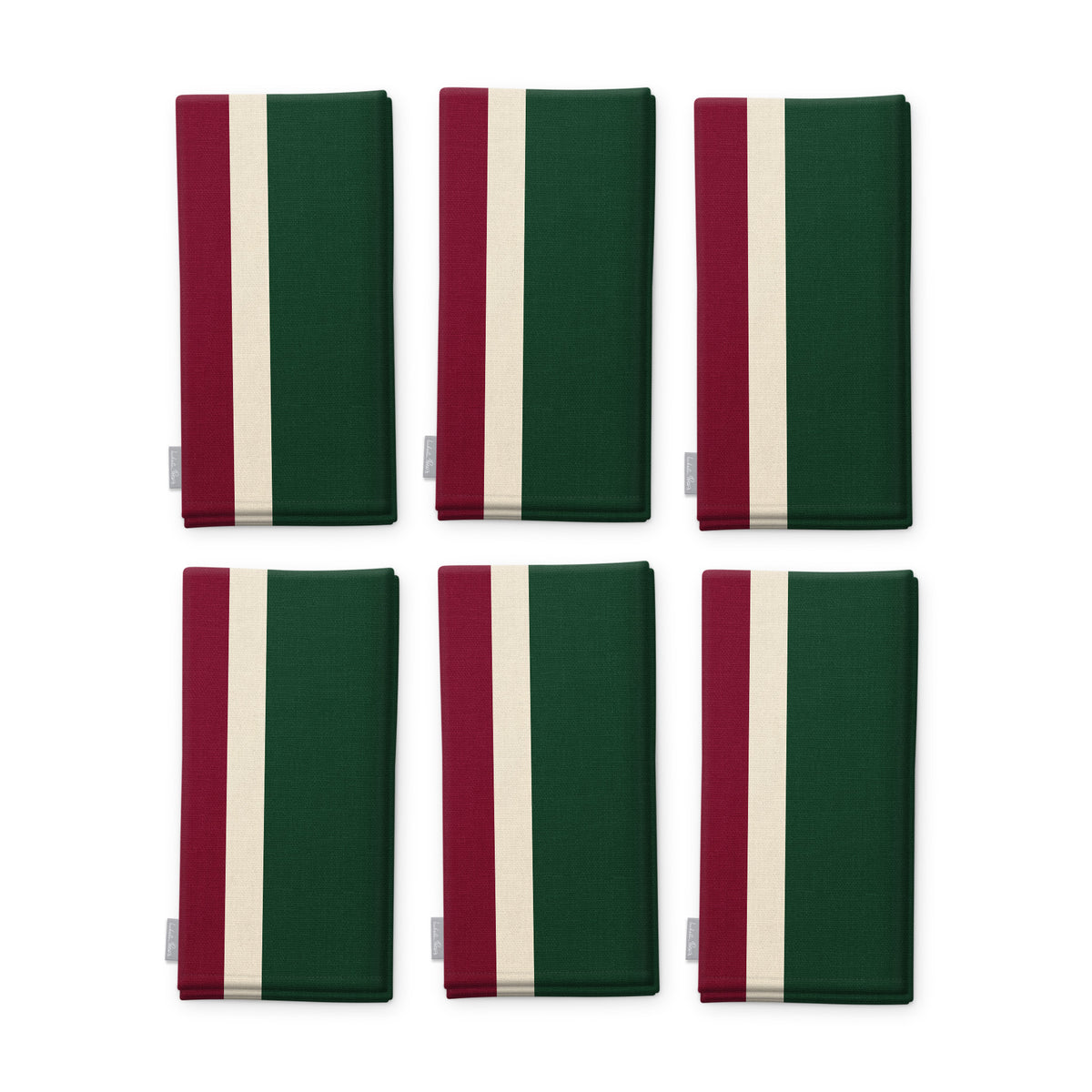 Signature Stripe Christmas napkins in green, burgundy and gold, set of six, folded on white, showing the same broad stripes