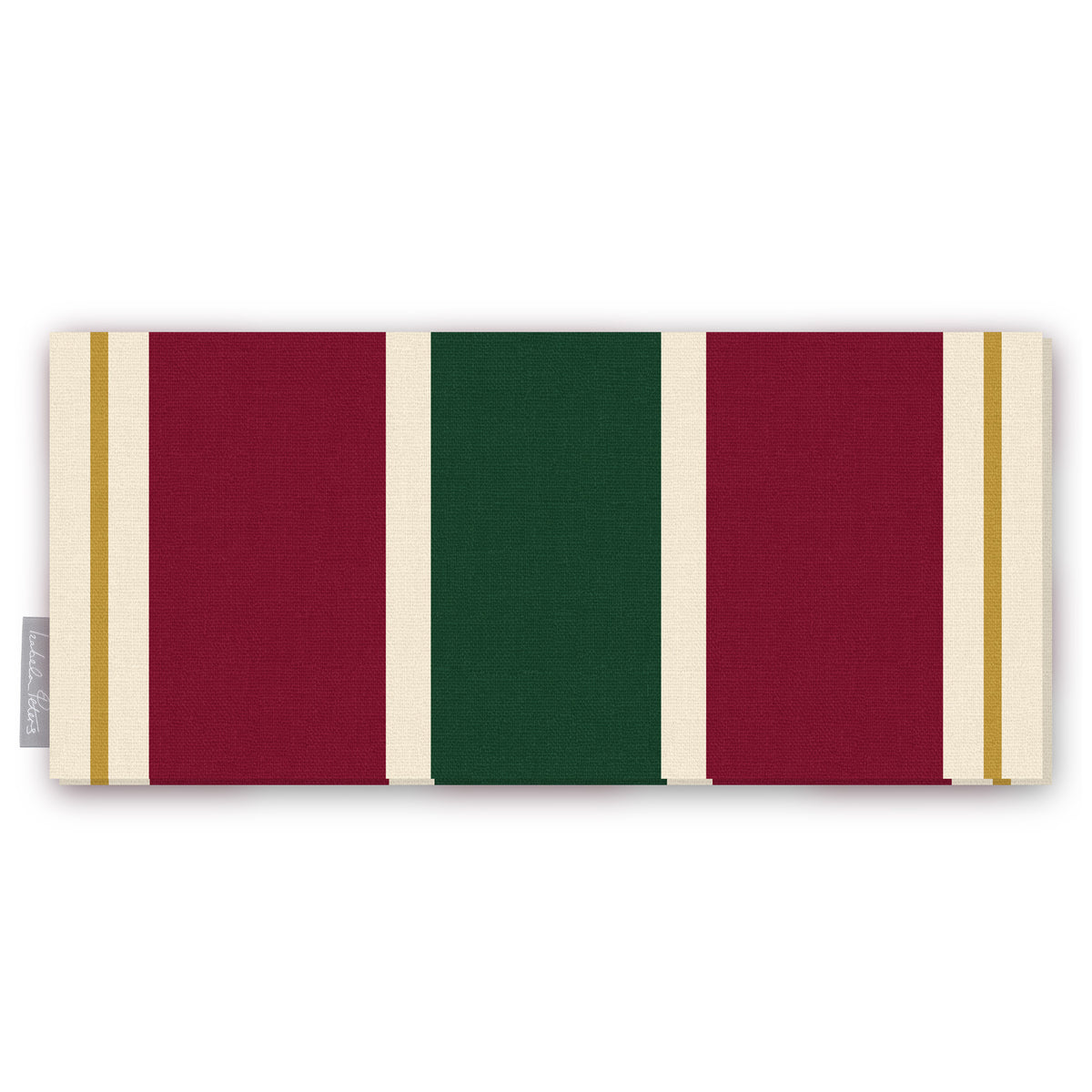Signature Stripe Christmas table runner in green, burgundy and gold, folded on white, showing broad stripes