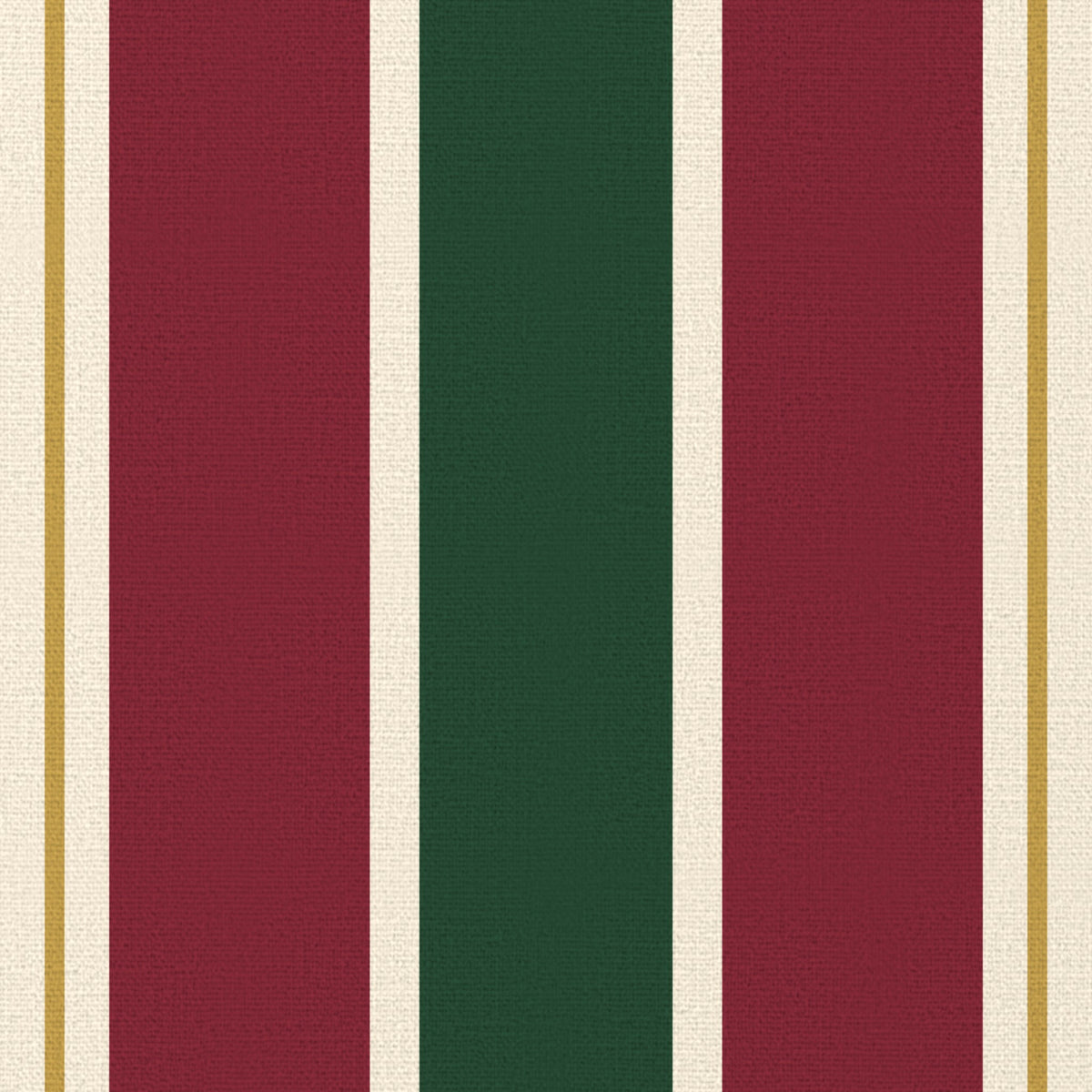 Close-up of the Signature Stripe Christmas table runner print in green, burgundy and gold on cotton, showing broad stripes
