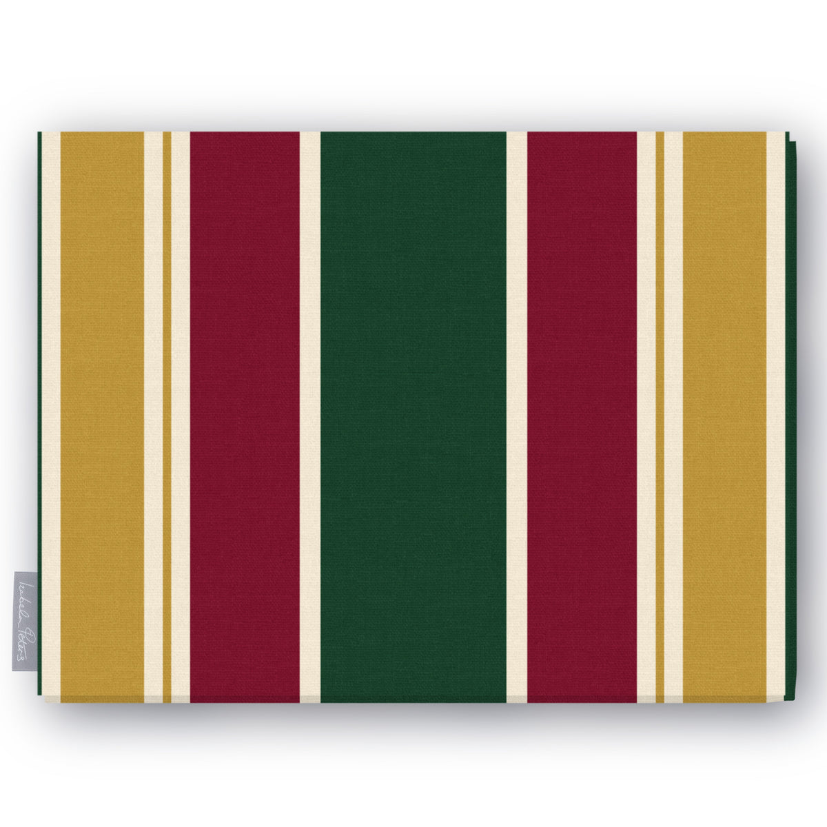 Signature Stripe Christmas tablecloth in green, burgundy and gold, folded on white, showing broad stripes