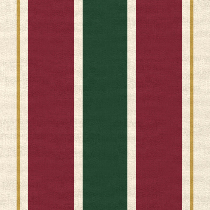 Close-up of the Signature Stripe Christmas tablecloth print in green, burgundy and gold on cotton, showing broad stripes