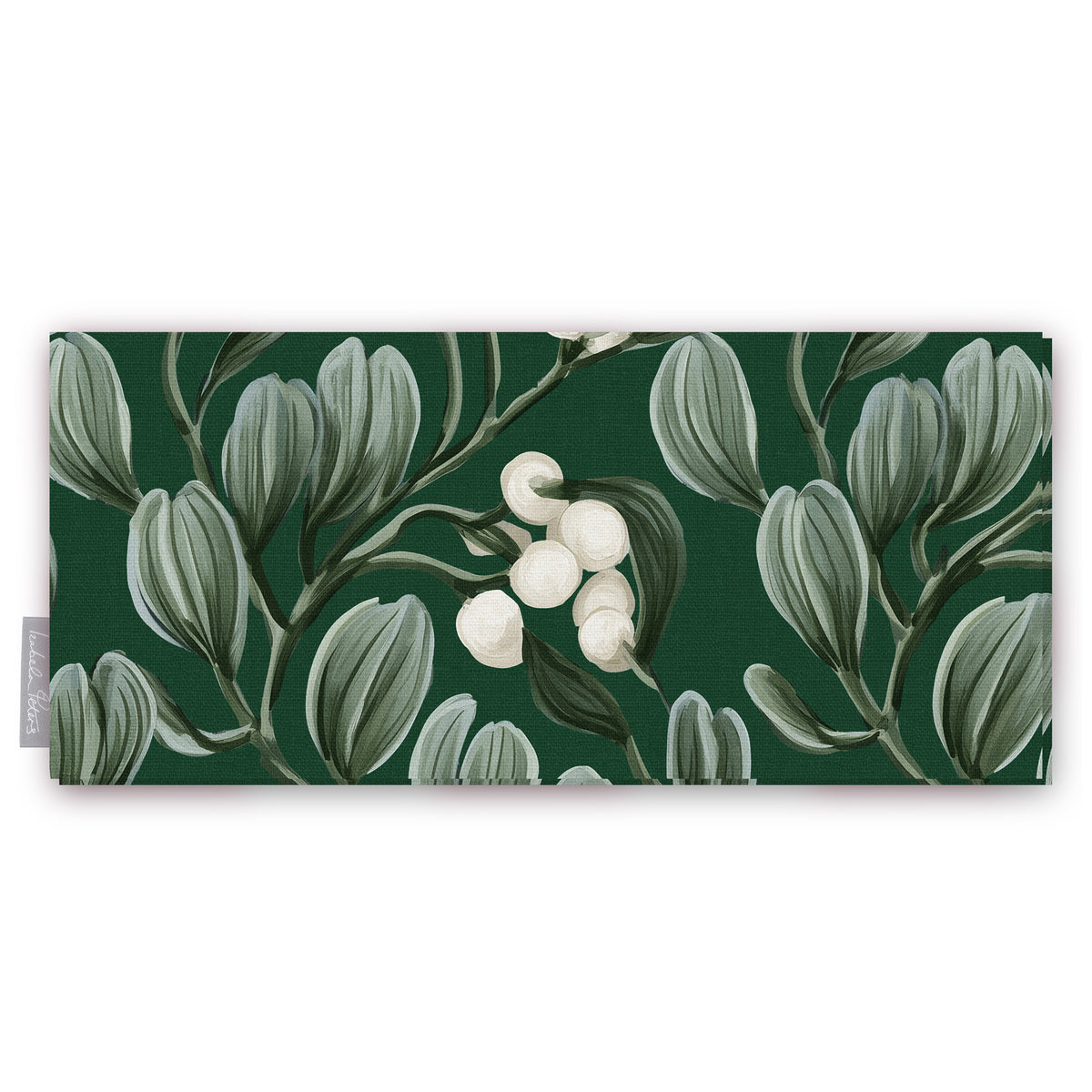 Green Mistletoe Christmas table runner folded on white, showing sprigs of mistletoe with white berries