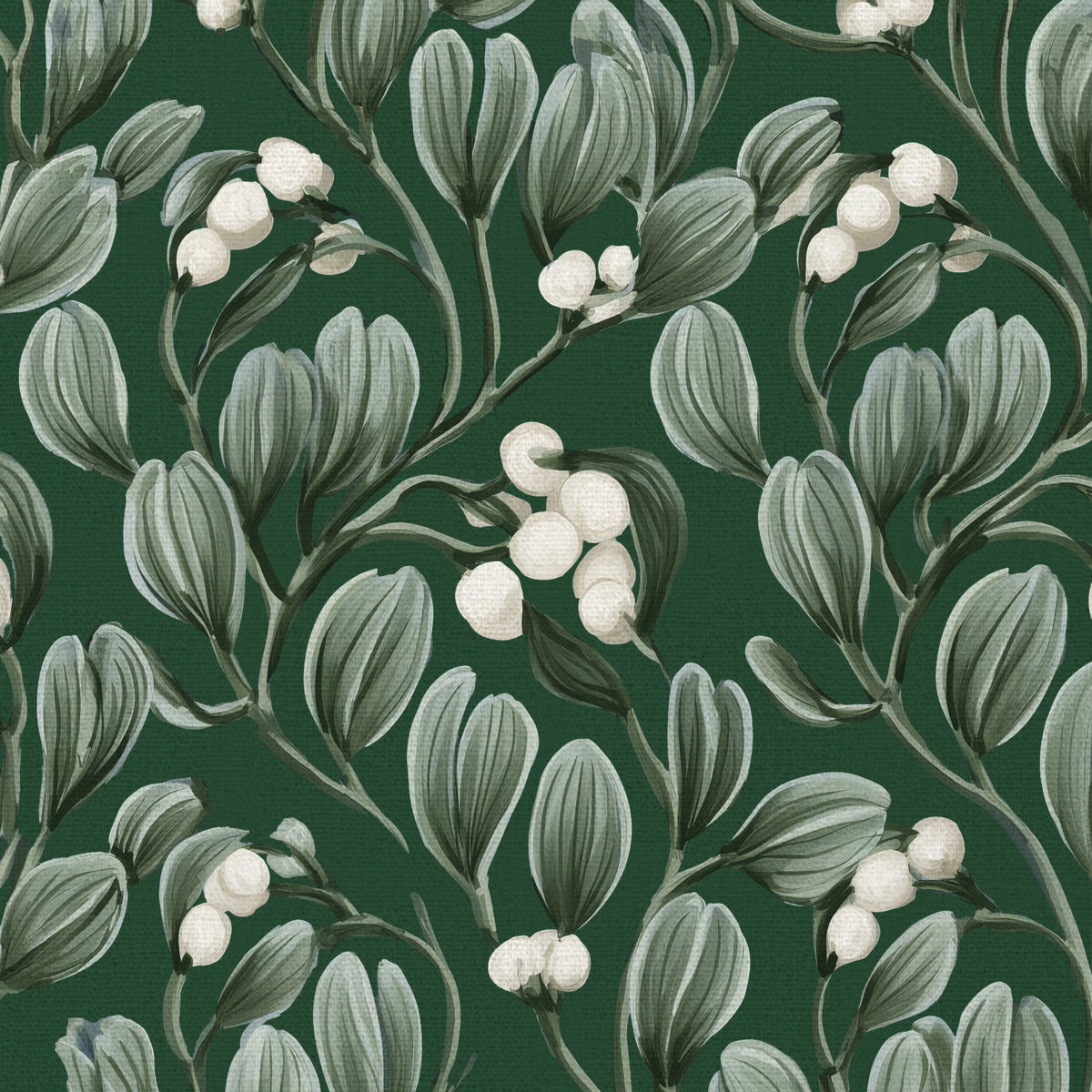 Close-up of the green Mistletoe Christmas tablecloth print on cotton, showing sprigs of mistletoe with white berries
