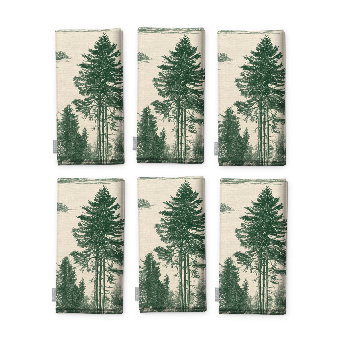 Fir Forest Toile Christmas napkins in green on ivory, set of six folded napkins showing the same tall fir tree