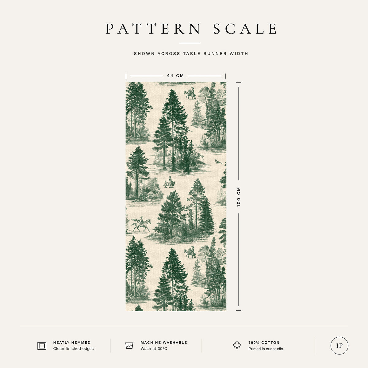 Pattern scale of the Fir Forest Toile Christmas table runner in green on ivory across its 44 cm width, with care notes