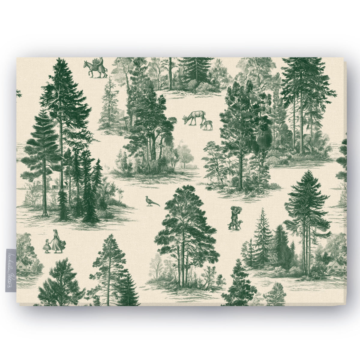 Fir Forest Toile tablecloth in green on ivory, folded on white, showing fir trees, a rider and figures in the forest