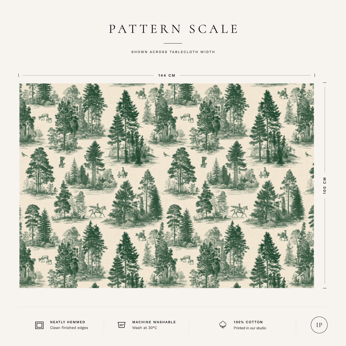 Pattern scale of the Fir Forest Toile Christmas tablecloth in green on ivory across its 144 cm width, with care notes