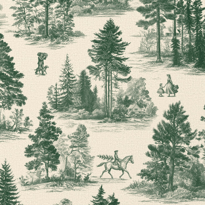 Close-up of the Fir Forest Toile Christmas tablecloth print in green on ivory cotton, showing fir trees and a rider