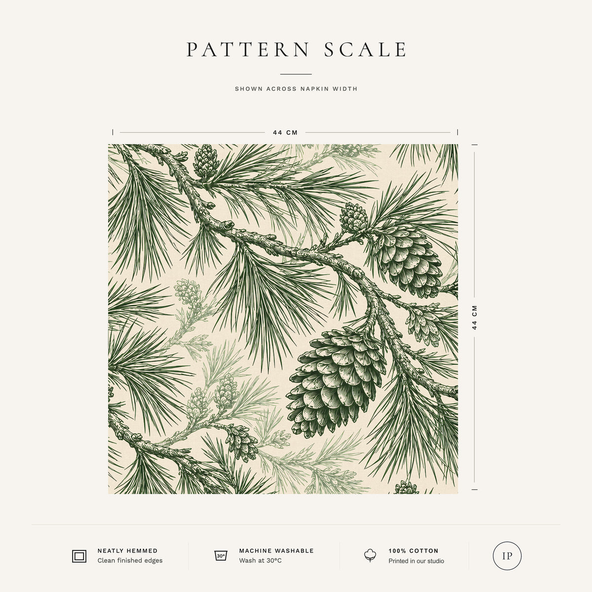 Green on ivory Pine Bough Christmas napkin pattern scale, showing the full 44 cm by 44 cm design.