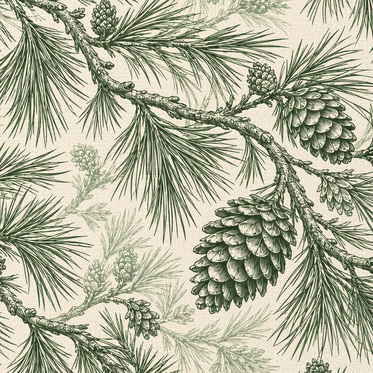 Close-up of the Pine Bough Christmas napkin print in green on ivory cotton, showing pine boughs and cones