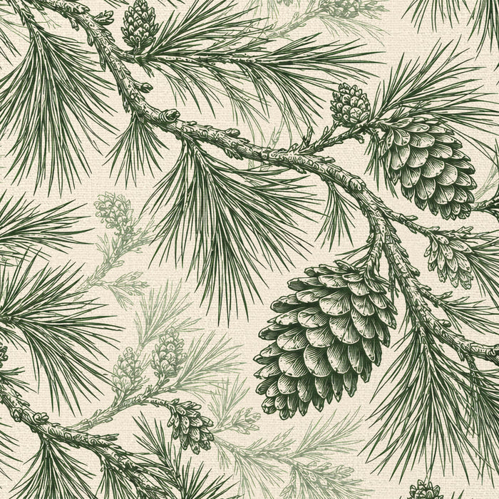 Close-up of the Pine Bough Christmas napkin print in green on ivory cotton, showing pine boughs and cones