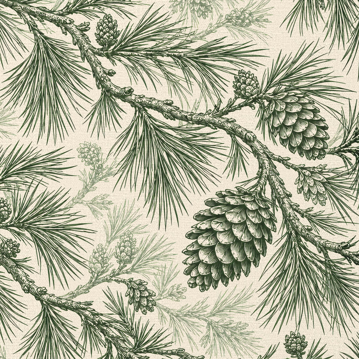 Close-up of the Pine Bough Christmas tablecloth print in green on ivory cotton, showing pine boughs and cones