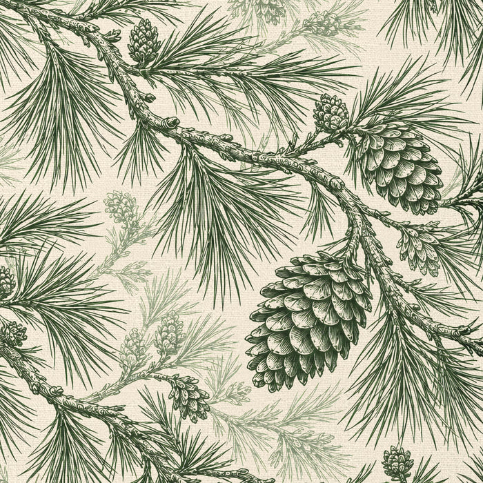 Close-up of the Pine Bough Christmas tablecloth print in green on ivory cotton, showing pine boughs and cones