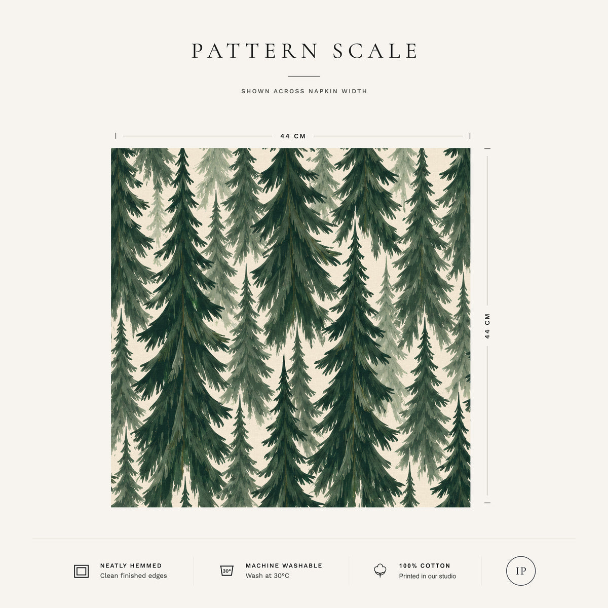 Green on ivory Spruce Stand Christmas napkin pattern scale, showing the full 44 cm by 44 cm design.