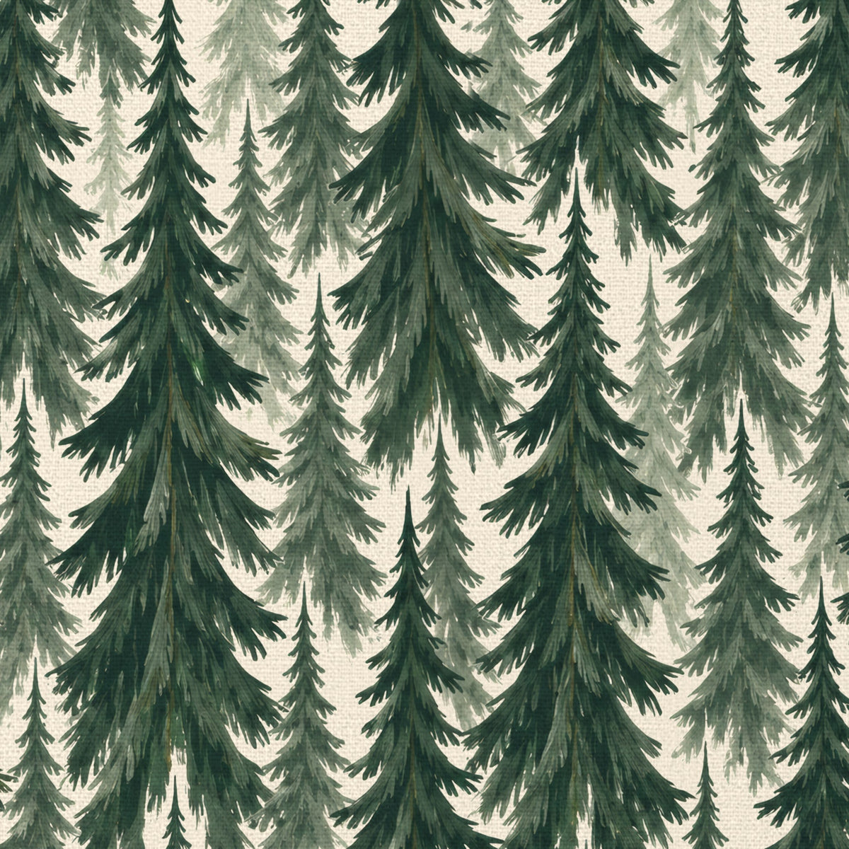 Close-up of the Spruce Stand Christmas napkin print in green on ivory cotton, showing rows of spruce trees