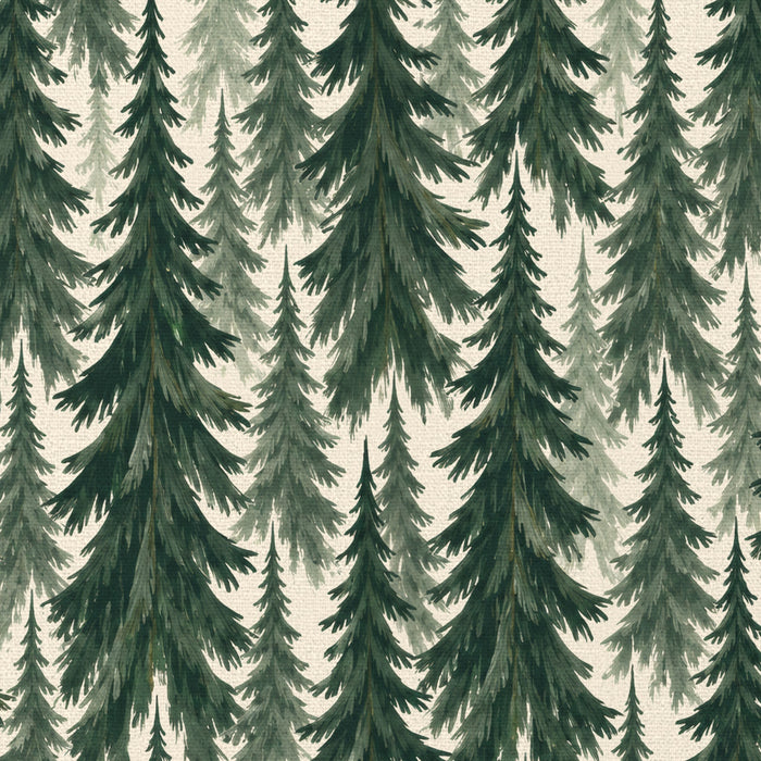 Close-up of the Spruce Stand Christmas napkin print in green on ivory cotton, showing rows of spruce trees
