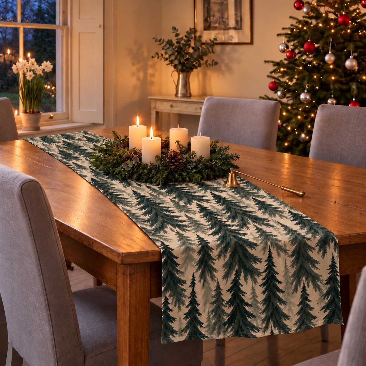Spruce Stand Christmas table runner in Green on ivory, styled on a wooden table with a softly draped end in a candlelit Christmas room.