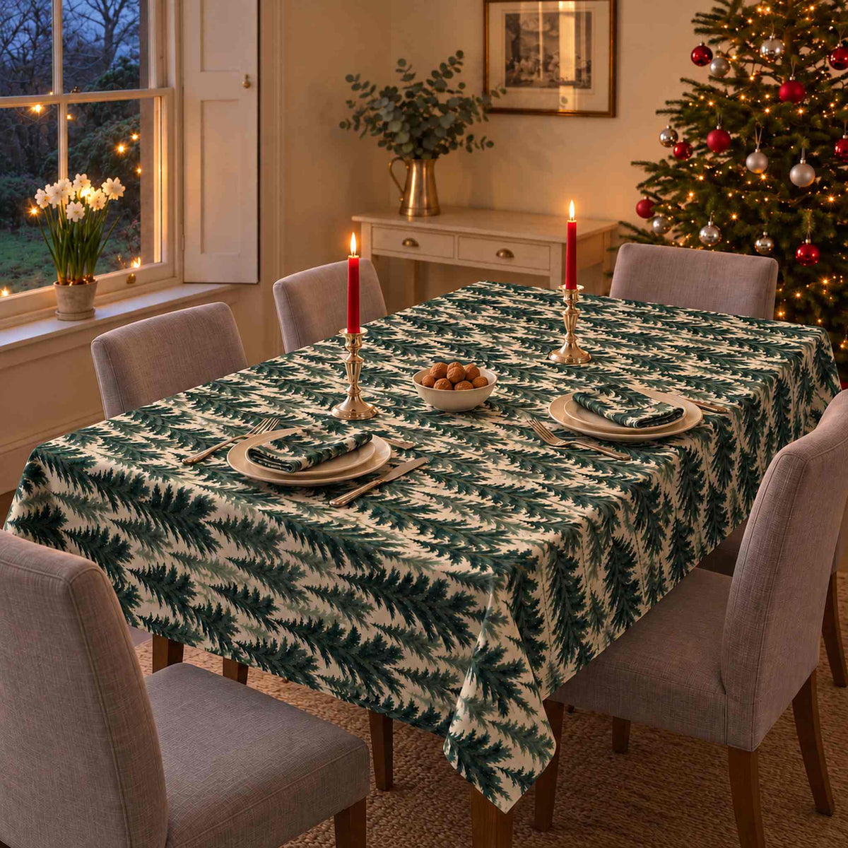 Spruce Stand Christmas tablecloth in green on ivory, shown from a raised three-quarter view over a rectangular dining table with grey chairs and red candles.
