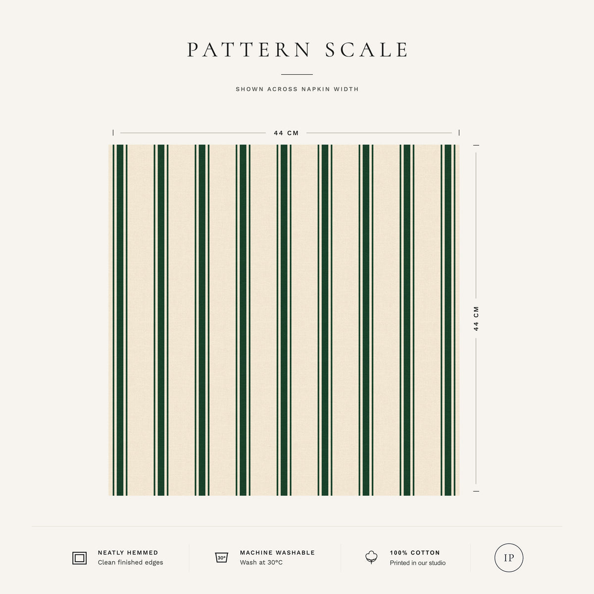 Green on ivory Ticking Stripe Christmas napkin pattern scale, showing the full 44 cm by 44 cm design.
