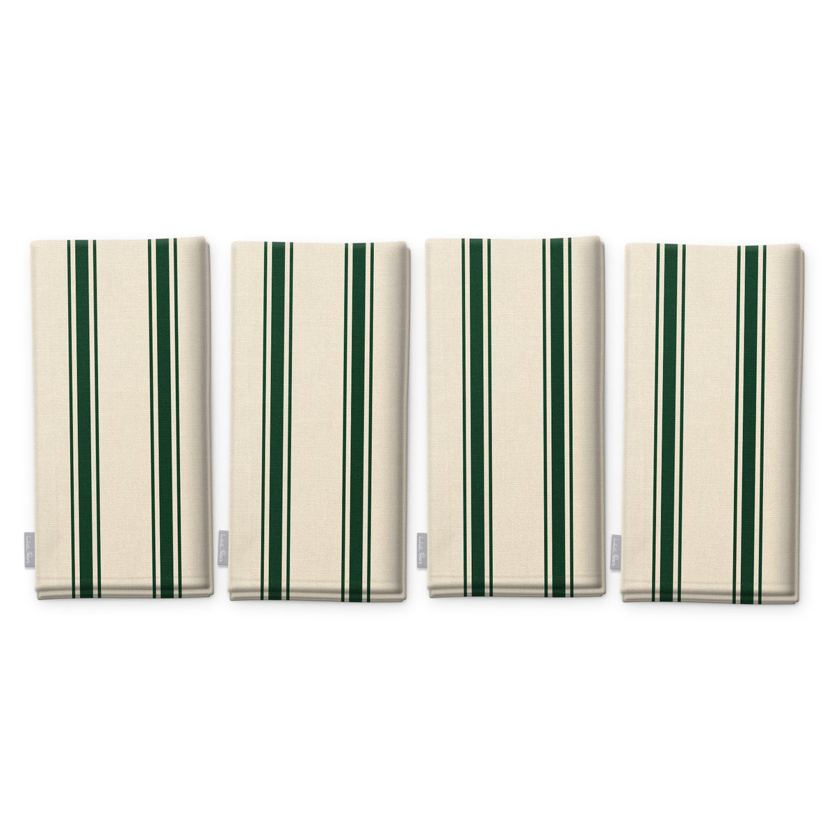 Ticking Stripe Christmas napkins in green on ivory, set of four, folded on white, showing the same fine ticking stripes