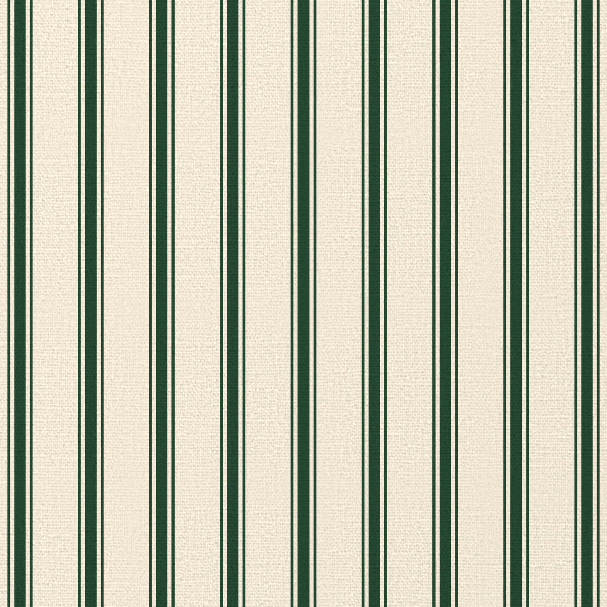 Close-up of the Ticking Stripe Christmas table runner print in green on ivory cotton, showing fine ticking stripes