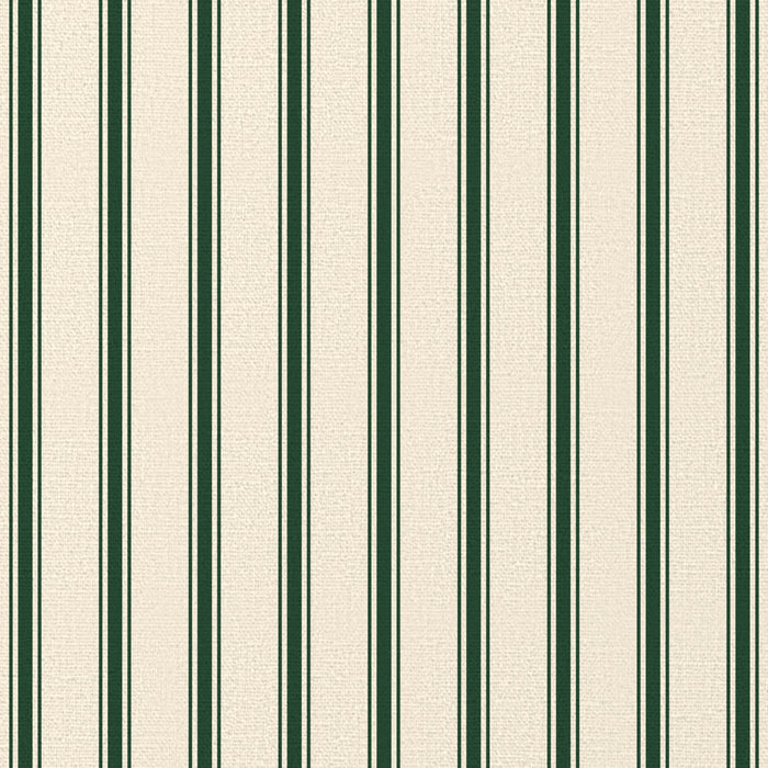 Close-up of the Ticking Stripe Christmas table runner print in green on ivory cotton, showing fine ticking stripes