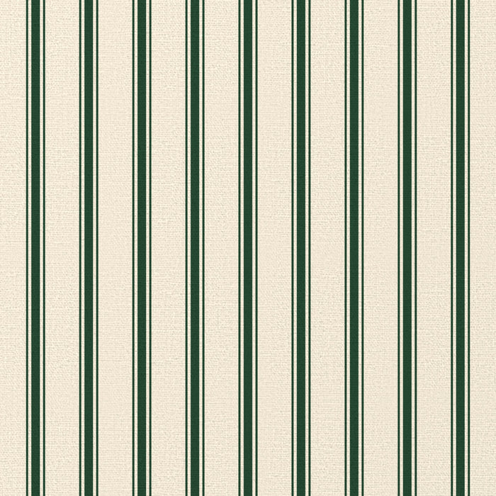 Close-up of the Ticking Stripe Christmas tablecloth print in green on ivory cotton, showing fine ticking stripes