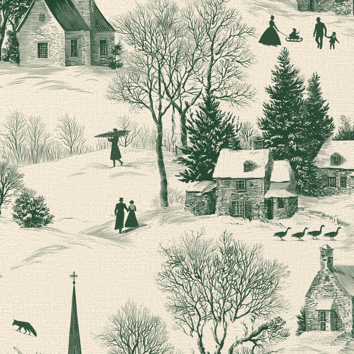 Close-up of the Village Toile Christmas napkin print in green on ivory cotton, showing a snowy village