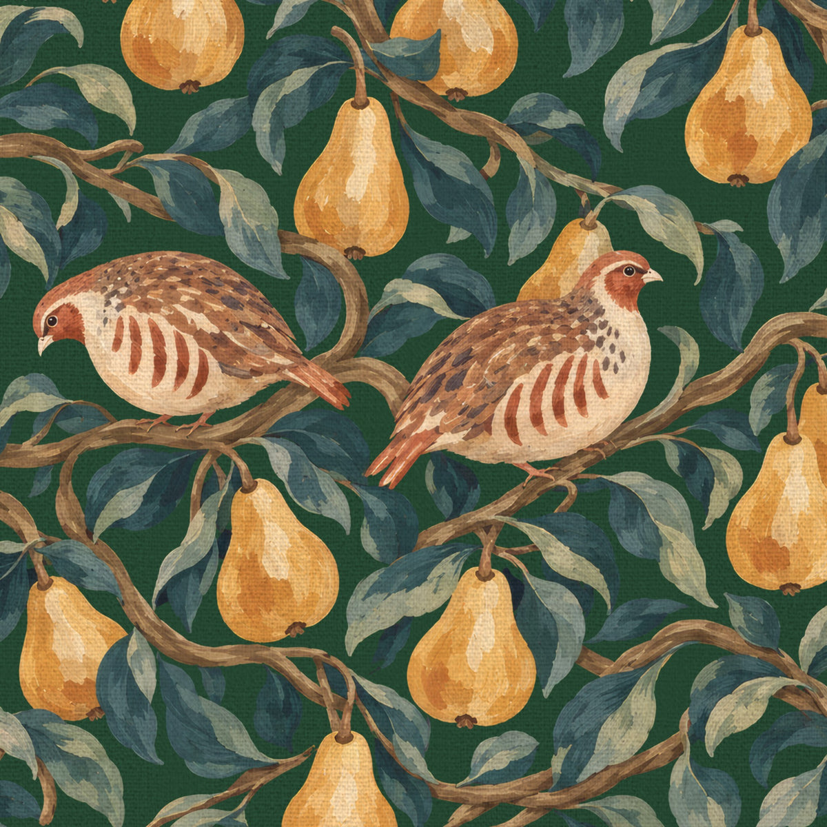 Close-up of the green Partridge and Pear Christmas napkin print on cotton, showing partridges among pears and leaves