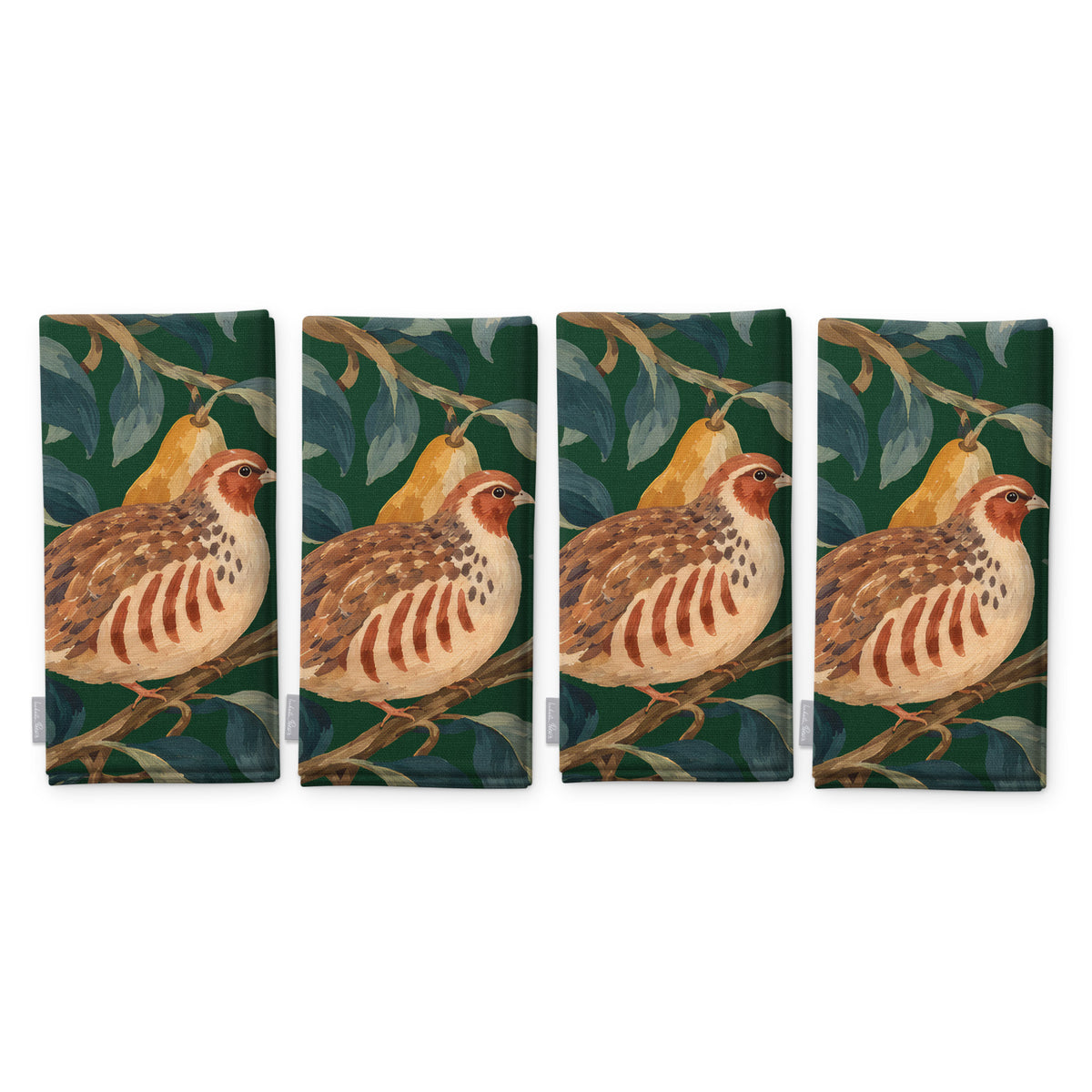 Green Partridge and Pear Christmas napkins, set of four, folded on white, showing the same partridge among pears