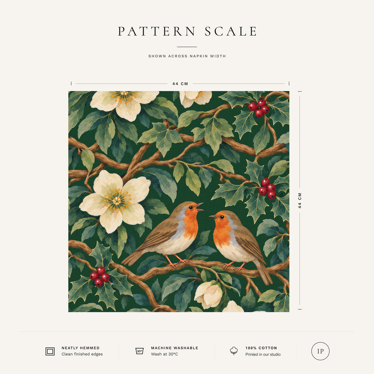 Green Robins and Christmas Roses Christmas napkin pattern scale, showing the full 44 cm by 44 cm design.