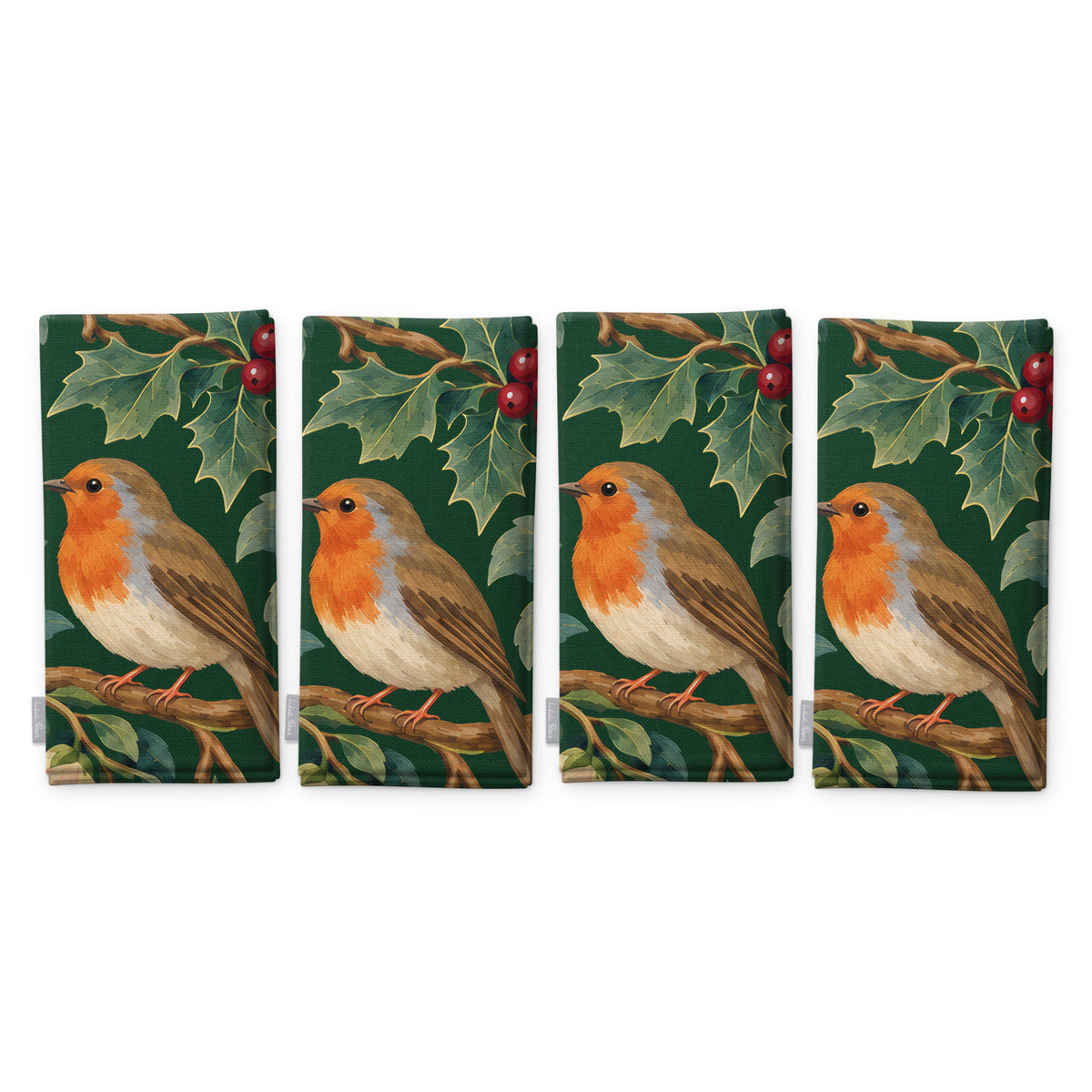 Green Robins and Christmas Roses napkins, set of four, folded on white, showing the same robin under a sprig of holly