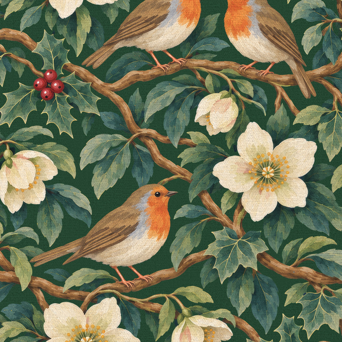 Close-up of the green Robins and Christmas Roses table runner print on cotton, showing a Christmas rose and two robins