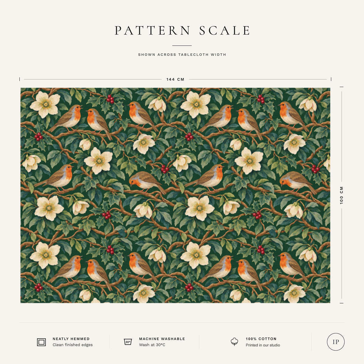 Pattern scale of the Robins and Christmas Roses Christmas tablecloth in green across its 144 cm width, with care notes