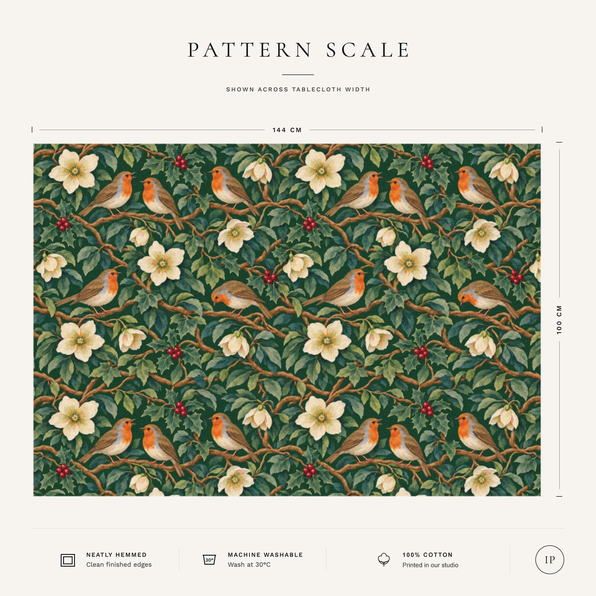Pattern scale of the Robins and Christmas Roses Christmas tablecloth in green across its 144 cm width, with care notes