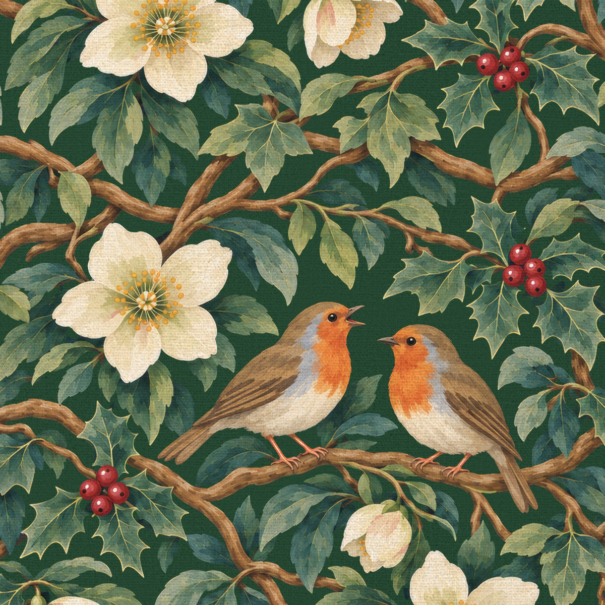 Close-up of the green Robins and Christmas Roses tablecloth print on cotton, showing robins, Christmas roses and holly