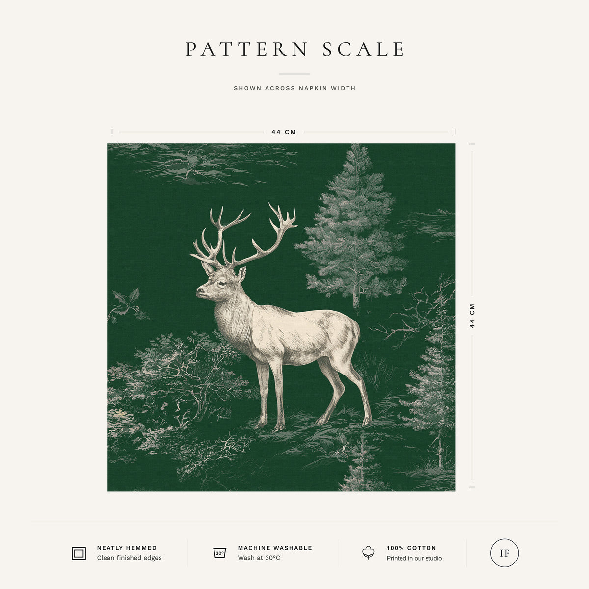 Green Stag Woodland Christmas napkin pattern scale, showing the full 44 cm by 44 cm design.