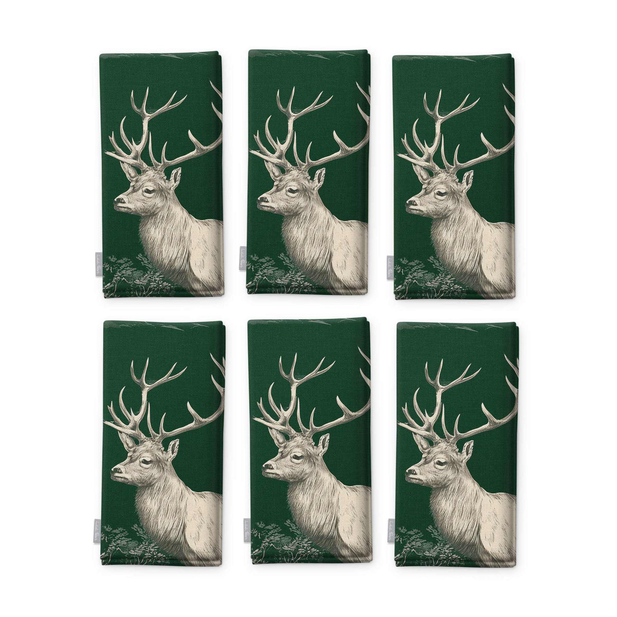 Green Stag Woodland Christmas napkins, set of six, folded on white, showing the same stag head