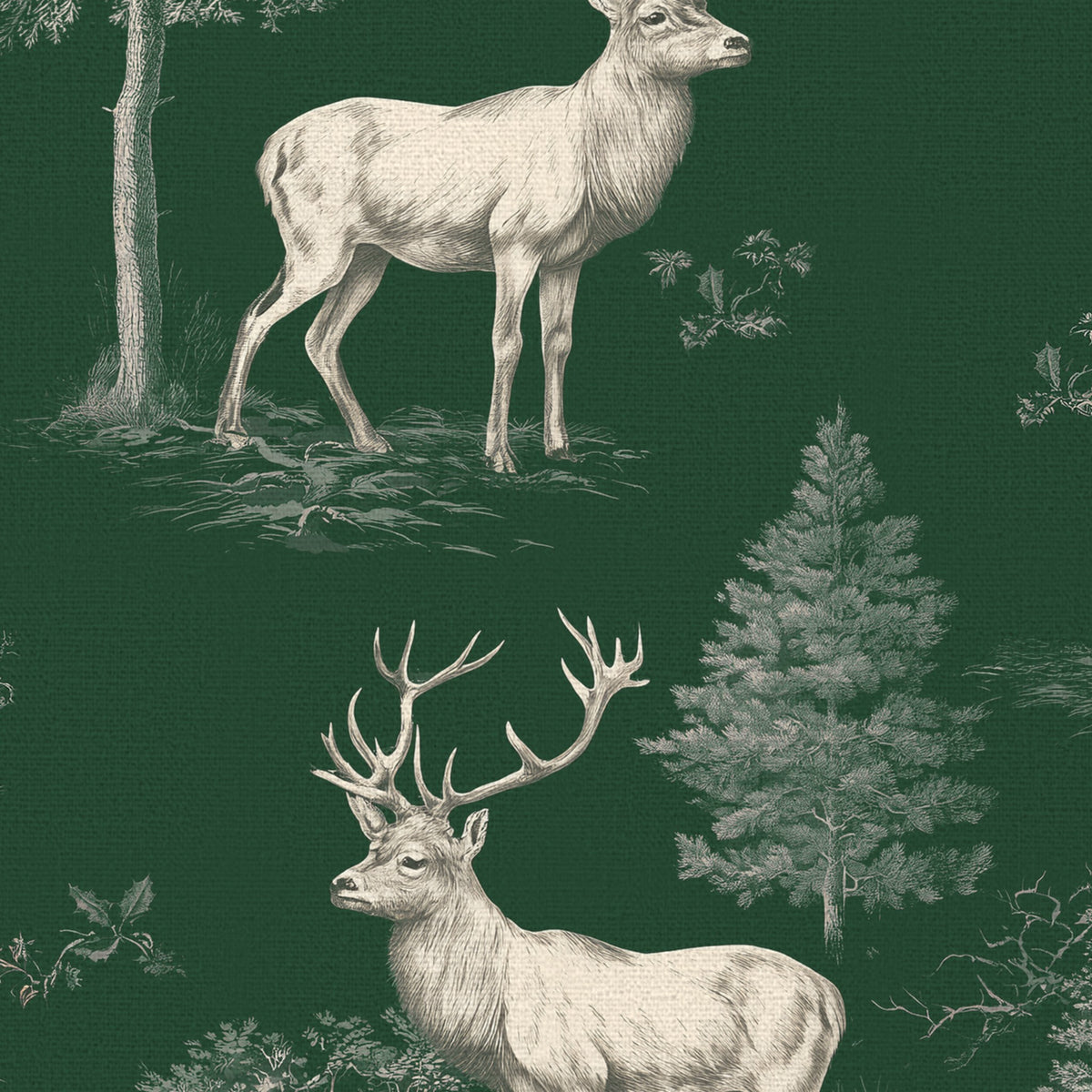 Close-up of the green Stag Woodland Christmas table runner print on cotton, showing stags among woodland trees