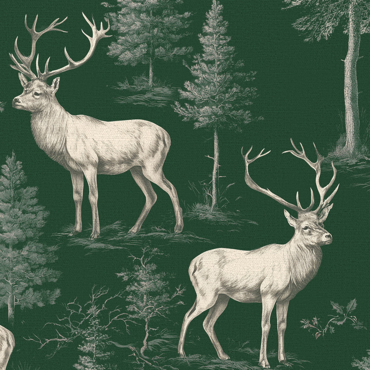 Close-up of the green Stag Woodland Christmas tablecloth print on cotton, showing stags among woodland trees