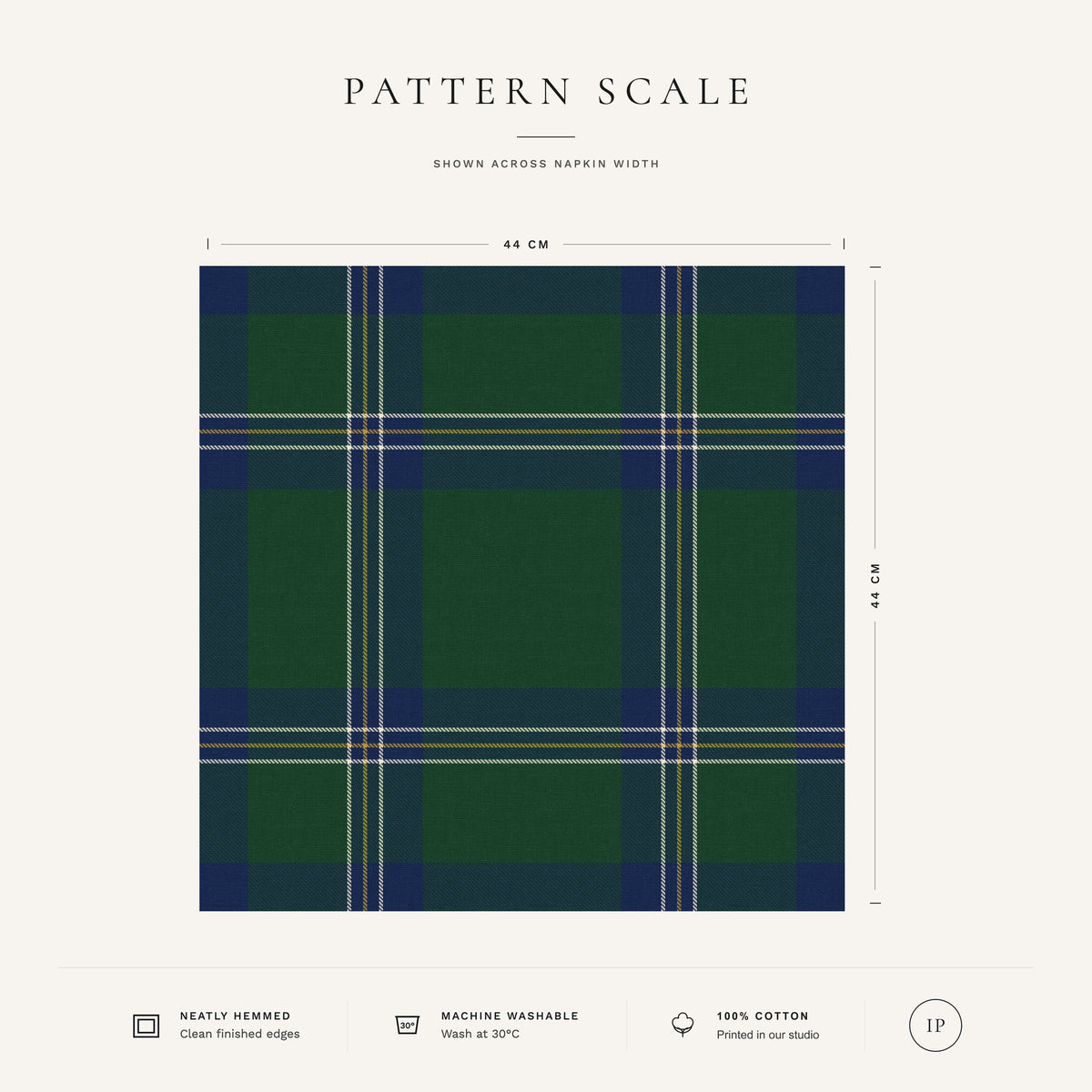 Green Tartan Christmas napkin pattern scale, showing the full 44 cm by 44 cm design.