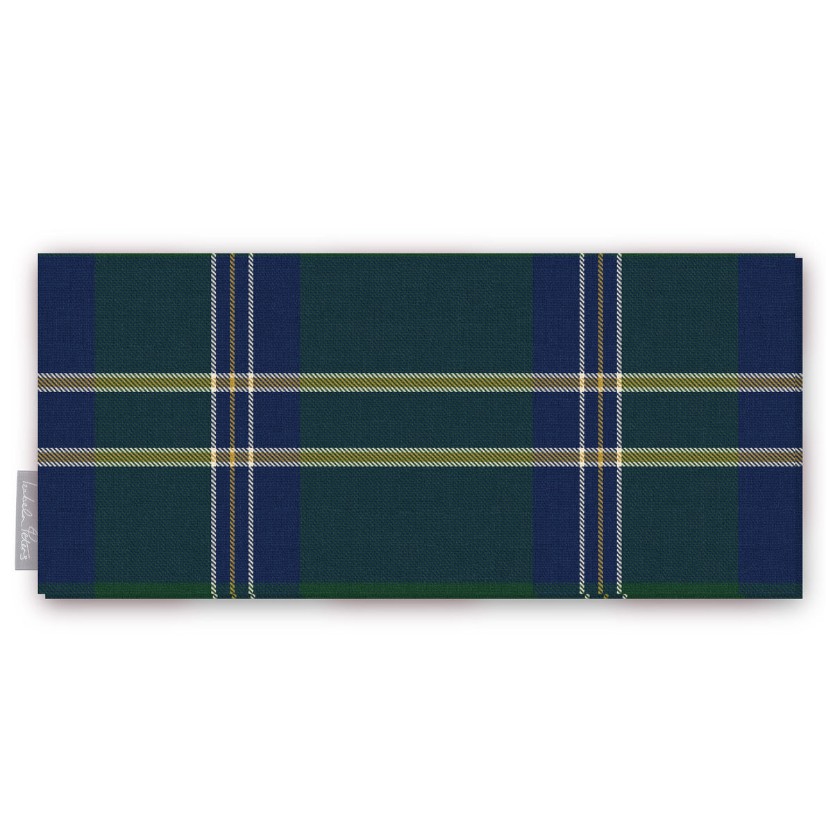 Green Tartan Christmas table runner folded on white, showing the tartan check