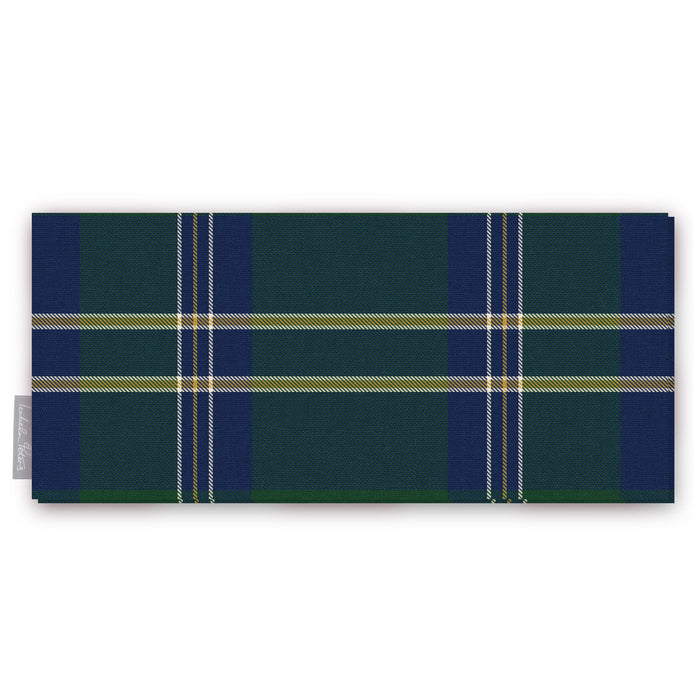 Green Tartan Christmas table runner folded on white, showing the tartan check