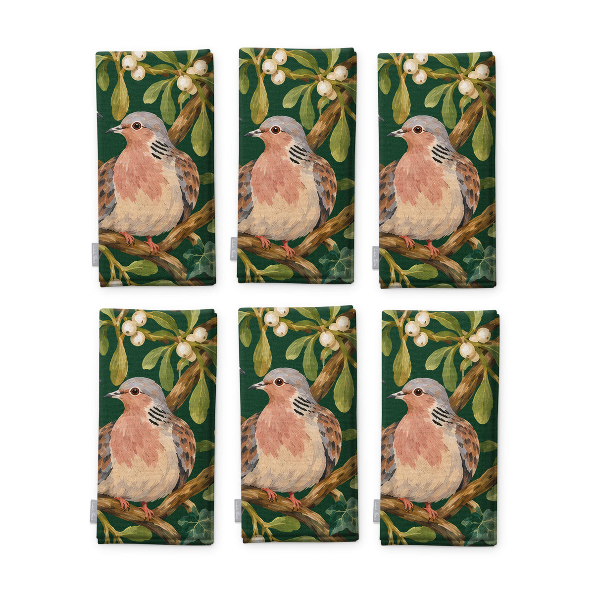 Green Turtle Doves and Mistletoe Christmas napkins, set of six, folded on white, showing the same turtle dove among mistletoe