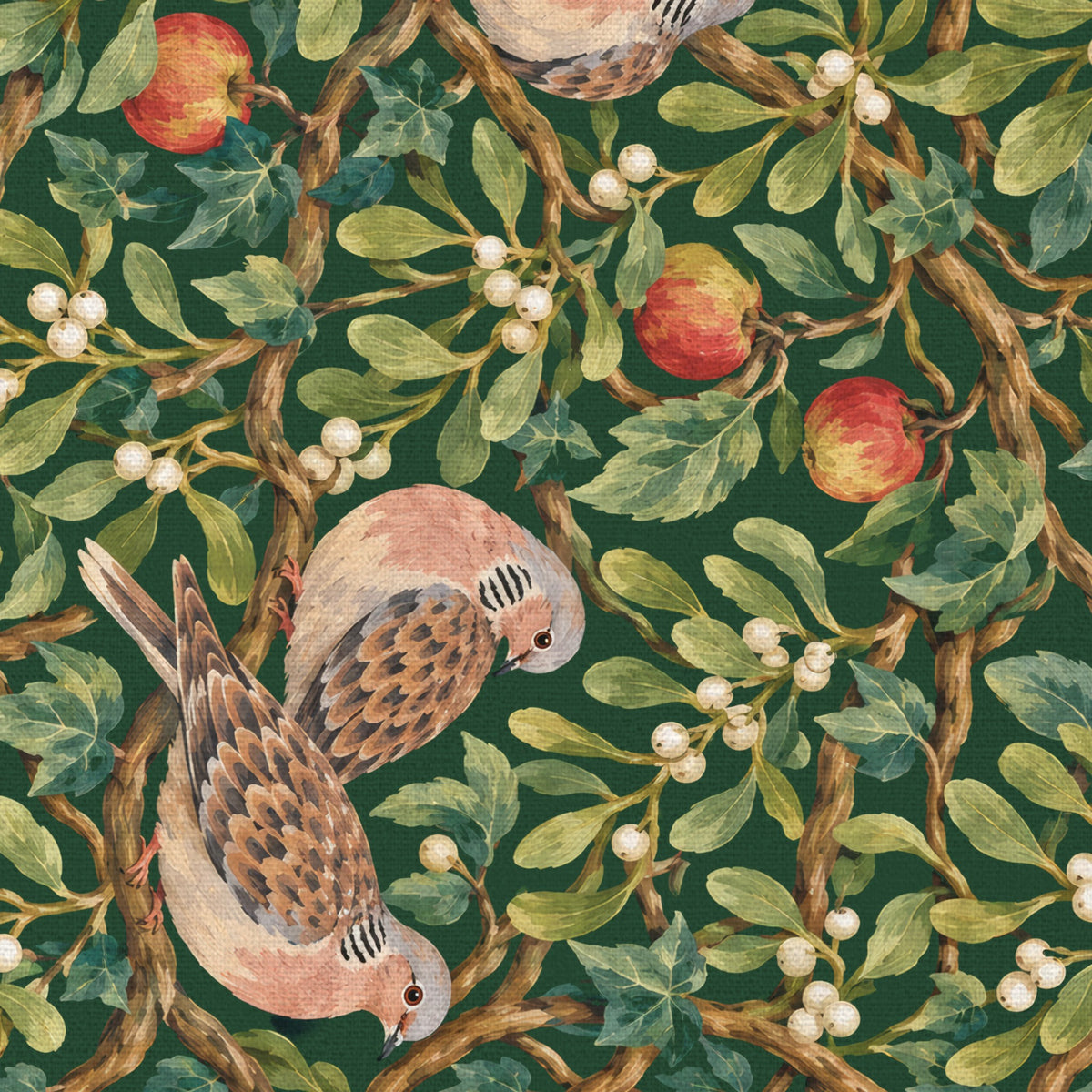 Close-up of the green Turtle Doves and Mistletoe Christmas table runner print on cotton