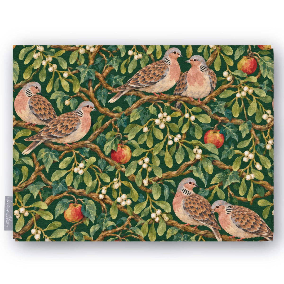 Green Turtle Doves and Mistletoe Christmas tablecloth folded on white, showing turtle doves among mistletoe and red apples